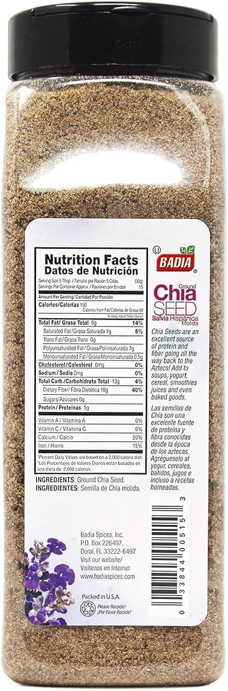 Badia Ground Chia Seeds, 16 oz – Superfood for Smoothies, Baking & Cooking – Source of Fiber, Omega-3 & Protein