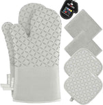 KEGOUU Oven Mitts and Pot Holders 6pcs Set, Kitchen Oven Glove High Heat Resistant 500 Degree Extra Long Oven Mitts and Potholder with Non-Slip Silicone Surface for Cooking (Grey)
