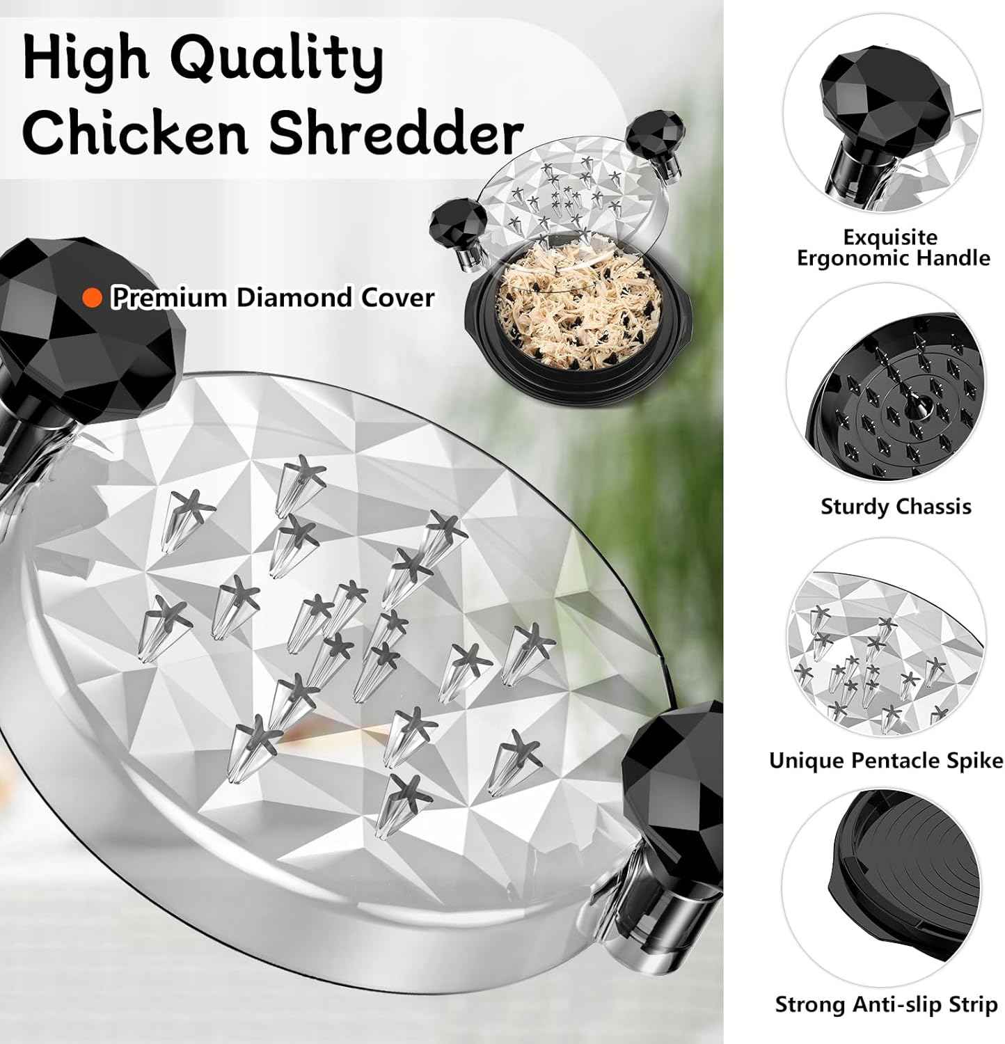 Chicken Shredder with Brush Chicken Shredder Tool Twist Stable Anti-Slip BPA Free Meat Shredder Tool Twist Ergonomic Handle Meat Grinder Dishwasher-safe Transparent Lid Black