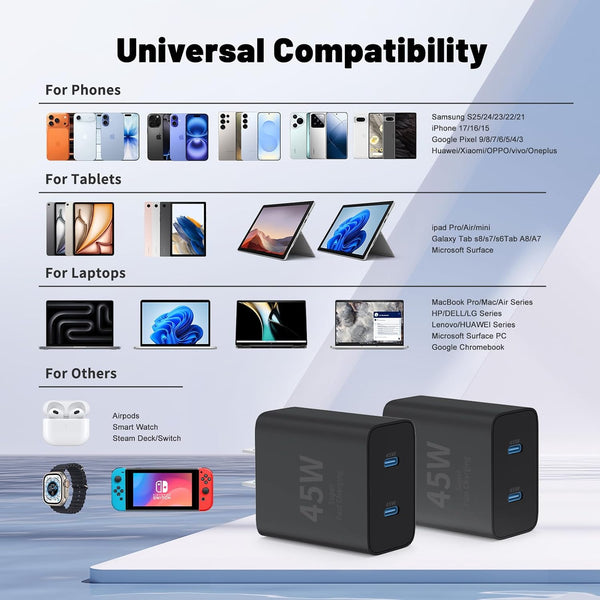 Super Fast Samsung Charger Type C,45W Dual Port USB C Fast Charger Block [2-Pack] & Extra Long 60W 3/6/10/10FT USB C Cable - PD Quick Charging 3.0 For Samsung Galaxy S25 Ultra/S24+/S23 iPhone 16