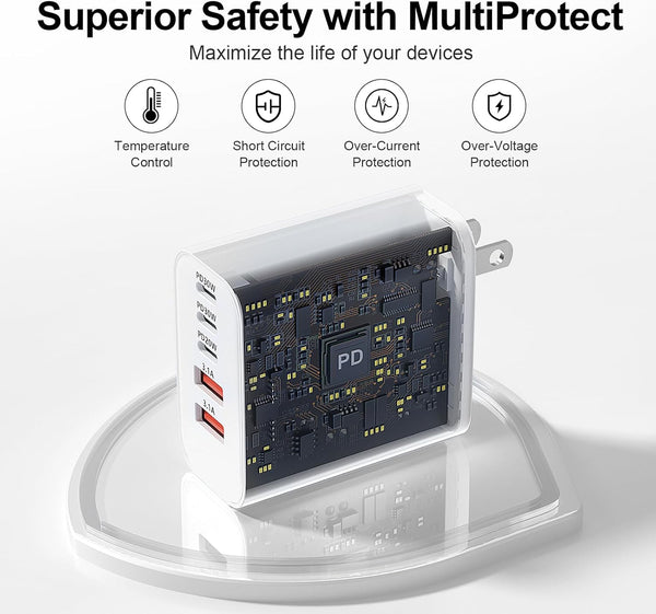 60W 5-Port USB C Charger Block with Fast Charging and Multiple Ports