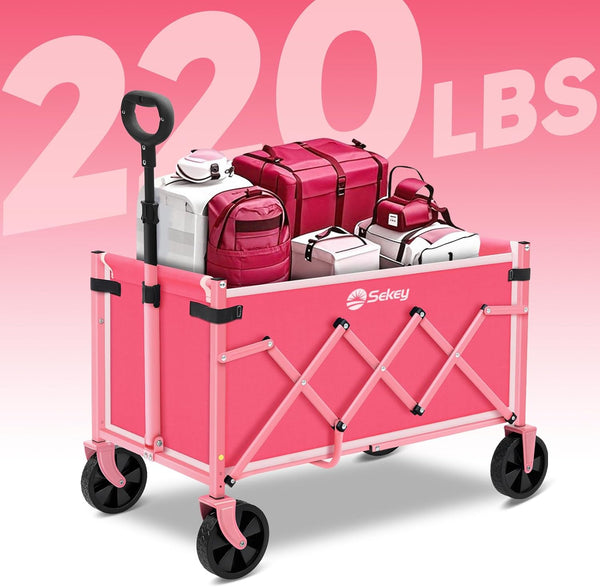 Sekey Wagon Cart with Wheels with 220LBS Capacity,Heavy Duty Wagon Carts Foldable,Lightweight Utility Portable Cart for Grocery, Shopping, Garden, Camping. Pink