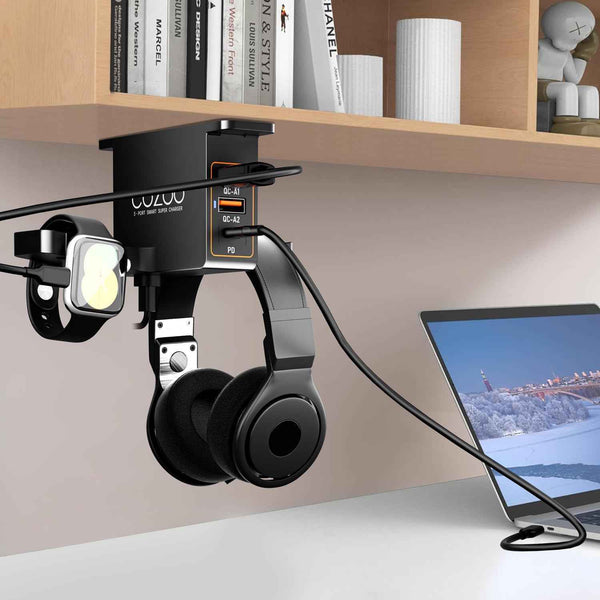 cozoo head phone stand with usb charger under desk headset holder mount 3 usb charging station and iwatch stand