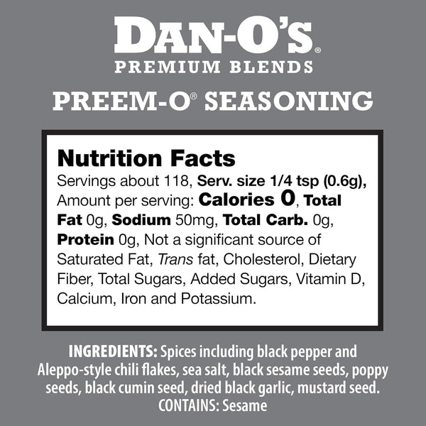 Dan-O's Preem-O Seasoning 2.5 oz, Meat Seasoning for Steak, Ribs, Chicken, Brisket, Sugar Free, Zero Calorie