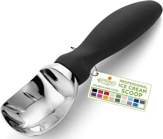 Spring Chef Heavy Duty Ice Cream Scoop with Comfortable Handle - Professional Ice Cream Scooper for Gelato, Sorbet, Cookie Dough, Melon, Frozen Yogurt - Dishwasher Safe Metal Kitchen Tool - Black
