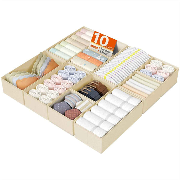 DIMJ Drawer Organizers Clothes, Set of 4 Dresser Organizer Bins, Fabric Closet Organizers and Storage, Shallow Drawer Dividers for Nursery, Clothing, Baby Clothes, Socks, Underwears, Tie (Beige)
