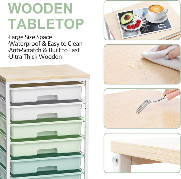 Rolling Storage Utility Cart with 8 Drawers and Wooden Tabletop