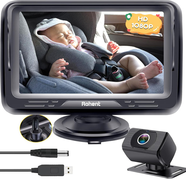 Rohent HD 1080P rear-facing baby car camera with 150° wide-angle lens, night vision, and adjustable display