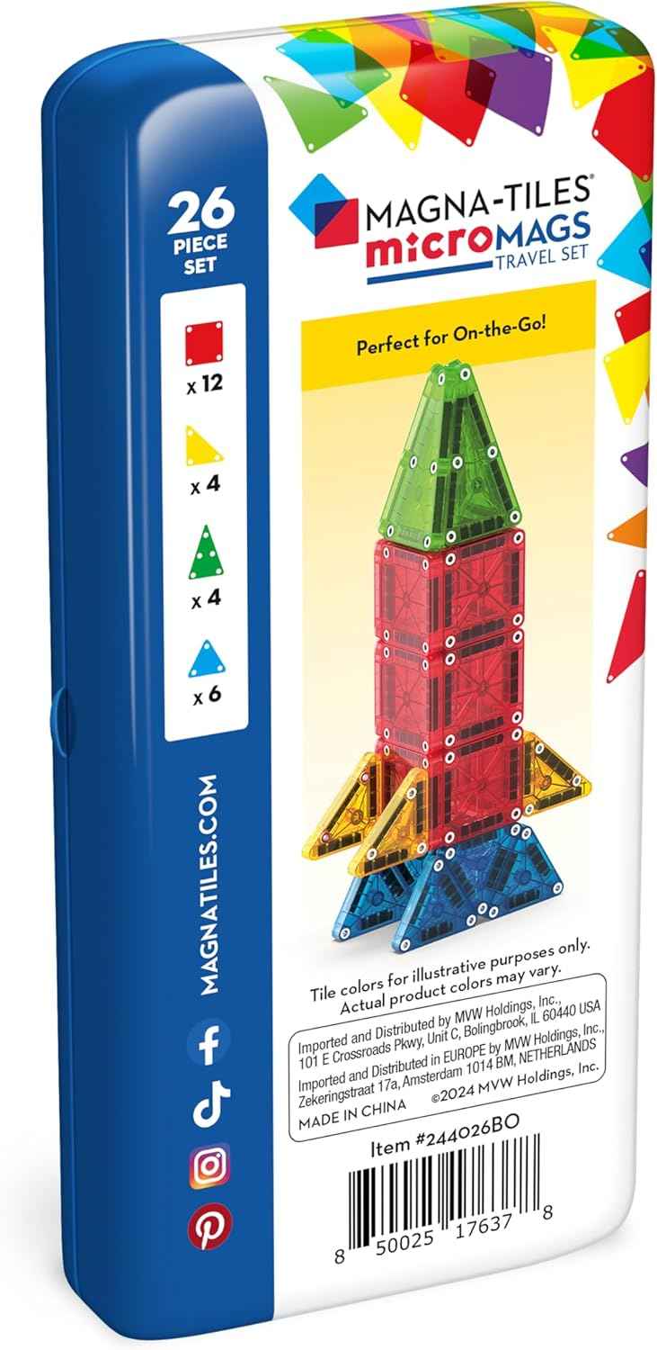 MAGNA-TILES microMAGS 26-Piece Travel Magnetic Construction Set – Bold Colors, The Original Magnetic Building Brand