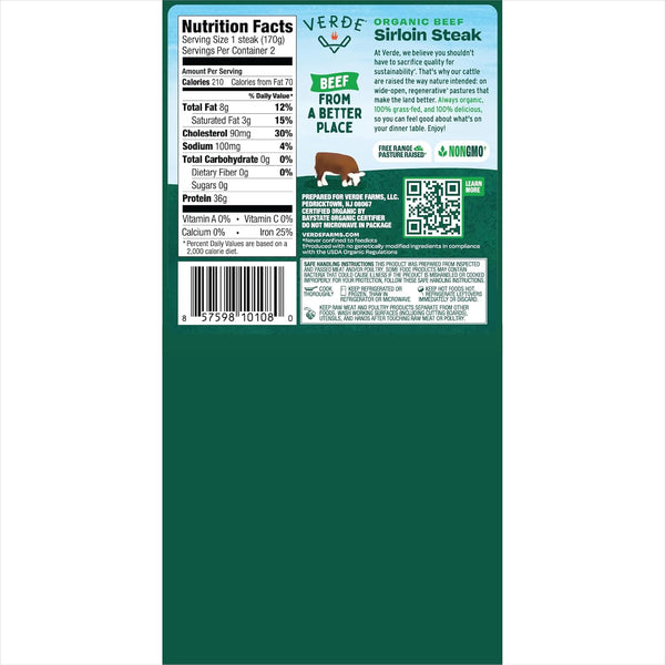 Verde Farms, Beef Sirloin Steaks, Organic, Grass-Fed | 0.75 lbs |Pack of 2