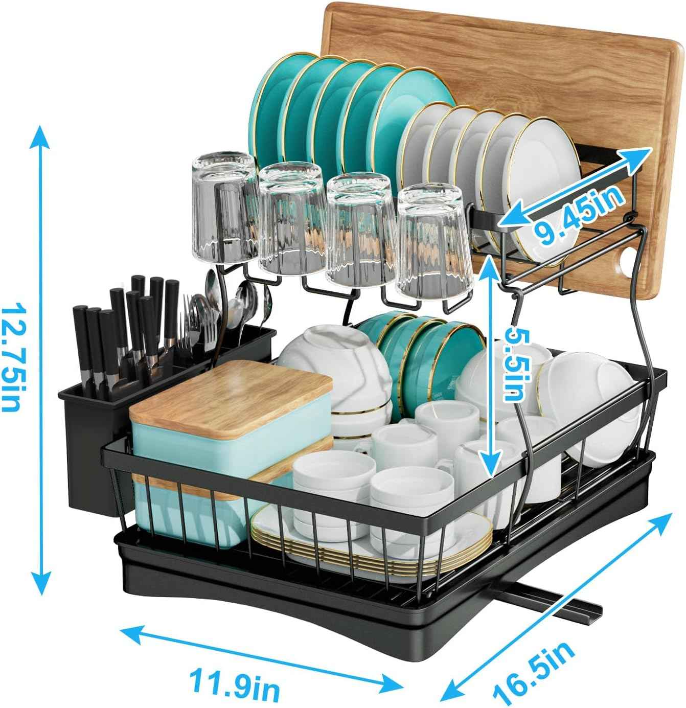 7 code Large Dish Drying Rack for Kitchen Counter, Detachable Large Capacity Dish Drainer Organizer, 2-Tier Dish Racks with Utensil Holder, Black