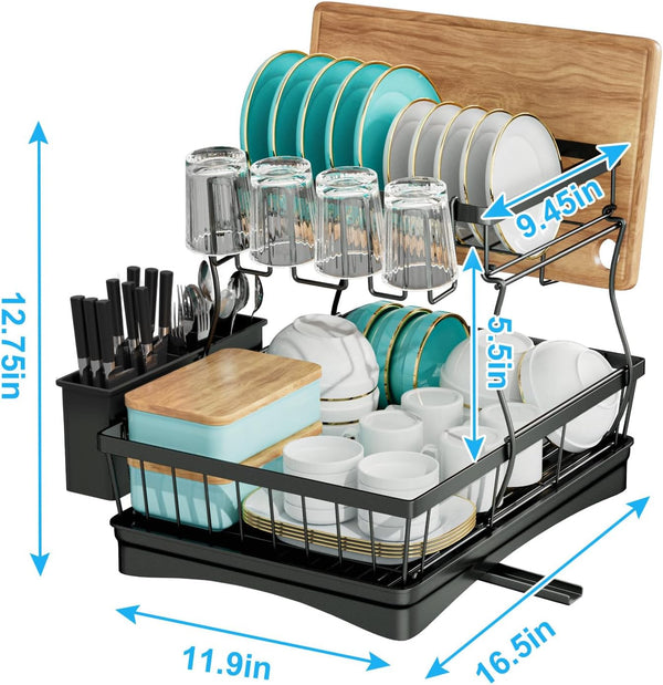 Large capacity 2-tier dish drying rack for kitchen counter