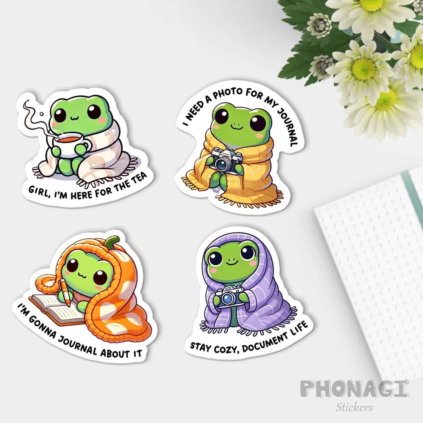 (4 Pack) Cozy Frog Stickers, 3" Cute Vinyl Decals for Journals, Tea Lovers, Laptops, Water Bottles, Scrapbooks & Gifting, Waterproof Aesthetic Sticker Set
