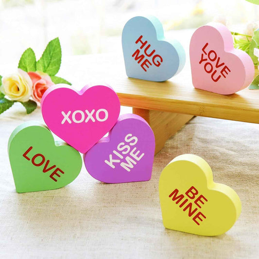 Valentines Day Decorations, 6 Pcs Candy Conversation Hearts Wooden Table Decor Signs, Durable Tiered Tray Decoration Set, Classic Galentines Day Decorations for the Home Office Mantel Shelf Gift
