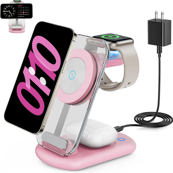 2025 Traveling Wireless Mag-Safe Fast Charging Station,Magnetic 3 in 1 Charger with Light for iPhone 17 16 15 14 13 12 Pro Max Plus,Apple Watch& Air pods 4 3 2 Pro-Gifts for Wife & Husband(White) - Rayz Mart
