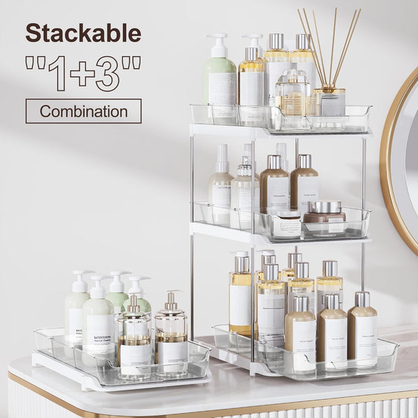 Delamu 2-Tier Bathroom Under Sink Organizer, Stackable Kitchen Pantry Storage, White, 2 Pack