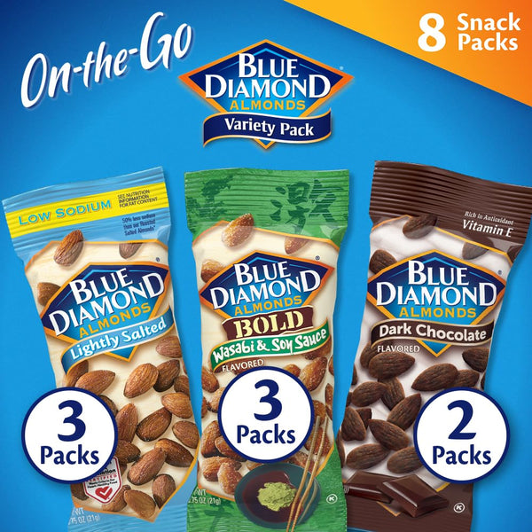 Blue Diamond Almonds Snack Variety Pack, 24 Count, 0.75 oz Individual Gluten Free Packs, Kids, Office, School, On-the-go