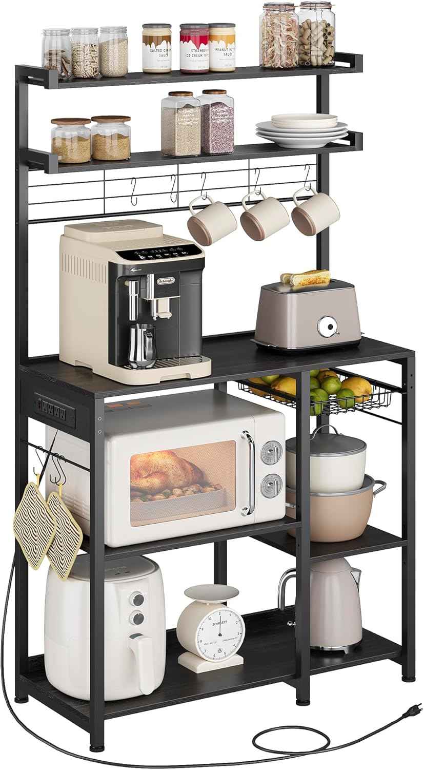 VASAGLE Baker's Rack, Microwave Stand, Kitchen Storage Rack with Wire Basket, 6 Hooks, and Shelves, for Spices, Pots, and Pans, Rustic Brown and Ink Black UKKS35X
