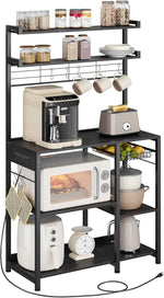 VASAGLE Baker's Rack, Microwave Stand, Kitchen Storage Rack with Wire Basket, 6 Hooks, and Shelves, for Spices, Pots, and Pans, Rustic Brown and Ink Black UKKS35X