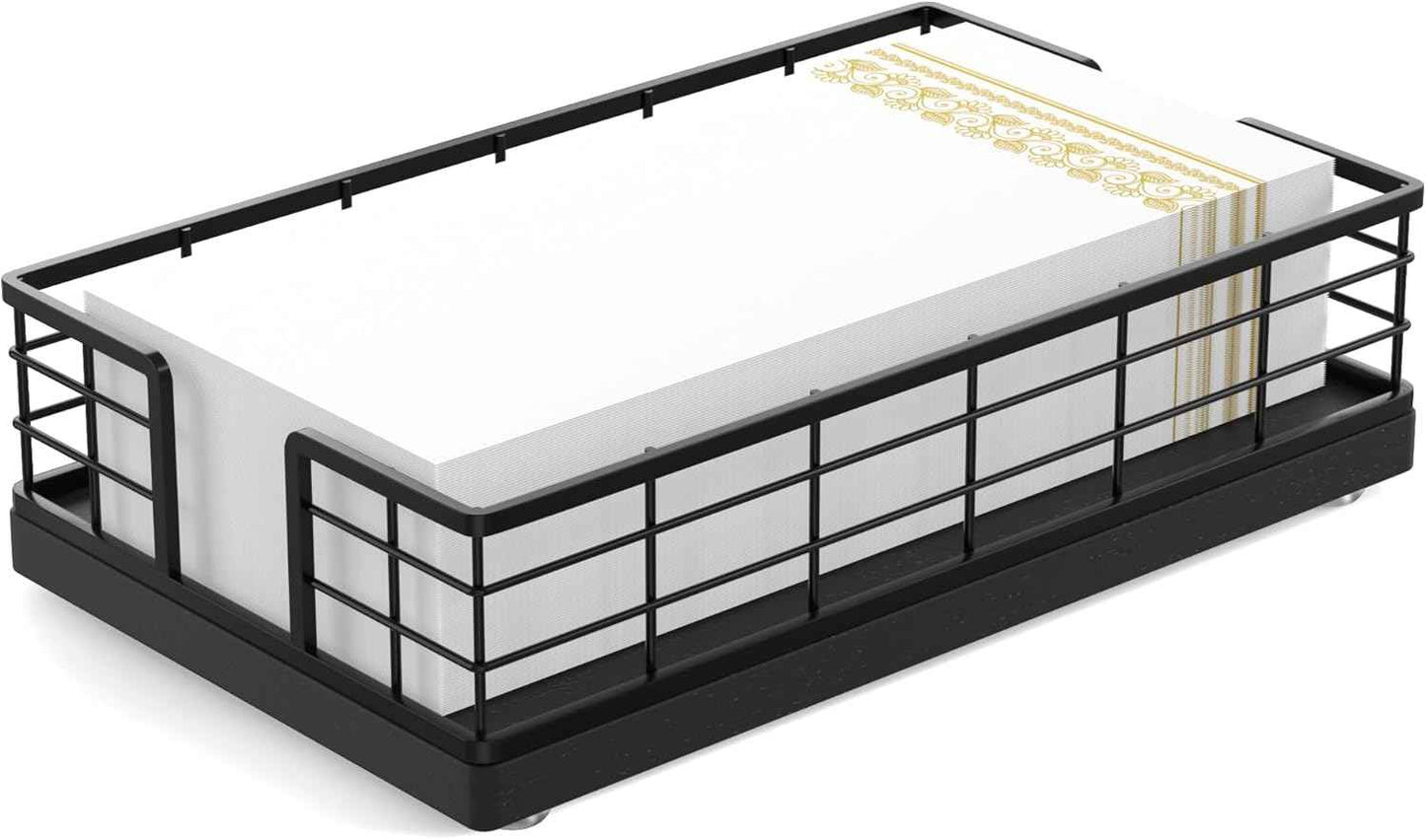 Wican Napkin Holder for Table, Bamboo Iron Standing Napkin Dispenser for Kitchen Dining Farmhouse Cocktail Picnic Bar Rustic Wood Holders for Paper Mail Bills Suitable for All Dining Room Decors Black