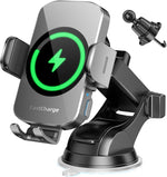 3-in-1 Wireless Car Charger Mount, 15W Fast Charging Auto-Clamping Phone Holder for iPhone 17 16 15 14, Samsung Galaxy S24 S23, Dashboard, Vent & Windshield Car Mount(Black)