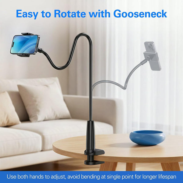 Gooseneck Phone Holder for Bed, Flexible Overhead Cell Phone Mount for Desk, Hands-Free Viewing Clamp Stand Compatible with iPhone 17 16 15 Pro Max and 3.5-7" Devices
