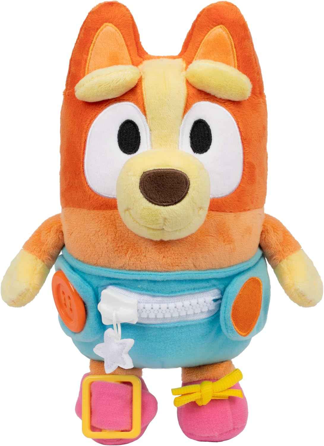 Dress & Play Baby Bingo Bluey Plush, Button, Zip, Buckle and Tie, Learn to Dress Dolls for Toddlers Ages 3+, Fine Motor Skills Baby Zipper Toy