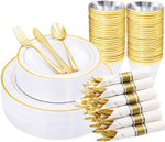 WELLIFE 700 Pieces Silver Plastic Dinnerware Set for 100 Guests - Includes Plates, Cups, Napkins, and Disposable Cutlery - Elegant White & Silver Design, Perfect for Parties and Events