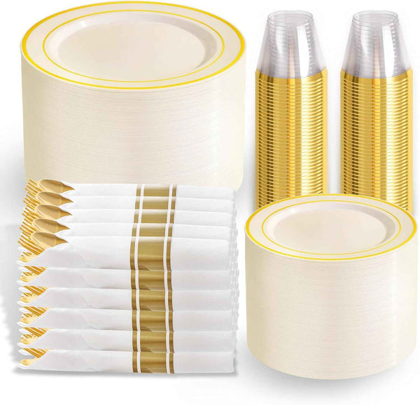 WELLIFE 700 Pieces Silver Plastic Dinnerware Set for 100 Guests - Includes Plates, Cups, Napkins, and Disposable Cutlery - Elegant White & Silver Design, Perfect for Parties and Events