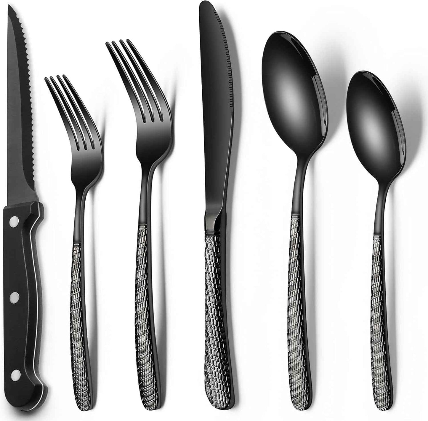 EWFEN 24-Piece Black Silverware Set with Steak Knives, Flatware for 4, Food-Grade Stainless Steel Tableware Cutlery Set, Mirror Finished Utensil Sets Home Restaurant
