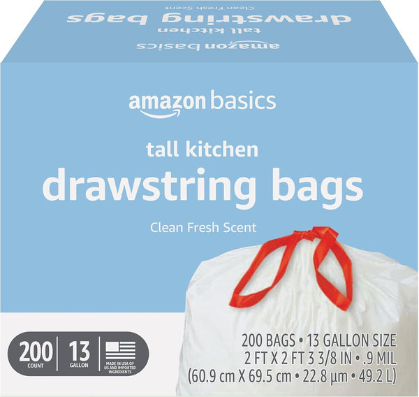 Amazon Basics Tall Kitchen Drawstring Trash Bags, Sturdy and Tear Resistant, 13 Gallon, Unscented, 120 Count