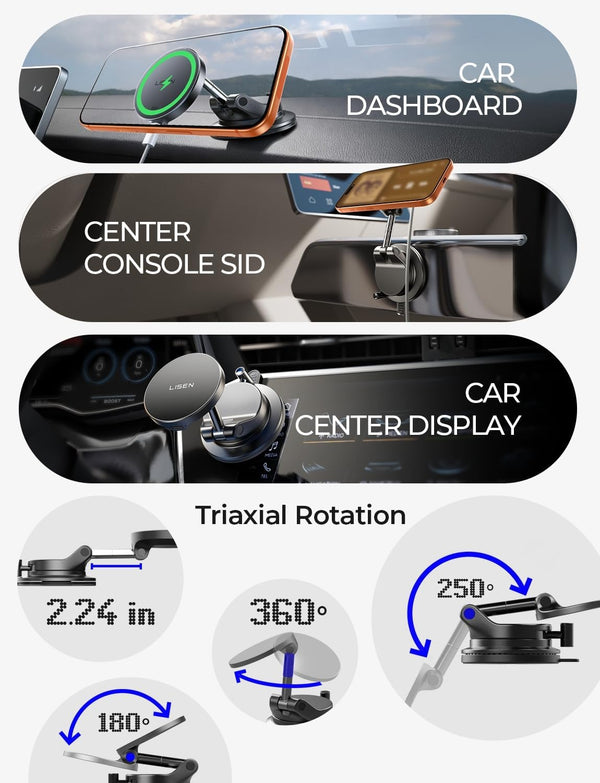 LISEN for 15W Magsafe Car Mount Charger, Magnetic Phone Holders for Your Car, Magnetic Wireless Car Charger, Suction Phone Mount for Car Accessories for iPhone 17 Pro Max 16 15 14 13 12, Gifts for Men