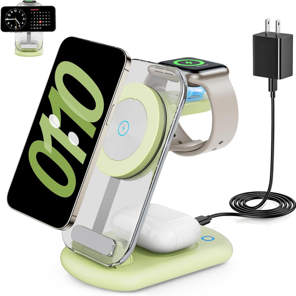 2025 Traveling Wireless Mag-Safe Fast Charging Station,Magnetic 3 in 1 Charger with Light for iPhone 17 16 15 14 13 12 Pro Max Plus,Apple Watch& Air pods 4 3 2 Pro-Gifts for Wife & Husband(White) - Rayz Mart