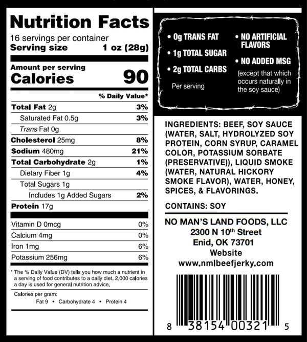 No Mans Land Slow-Dried Beef Jerky, Smoked & Seasoned Jerky Strips, High Protein, Low Carb Beef Snack, Gluten Free