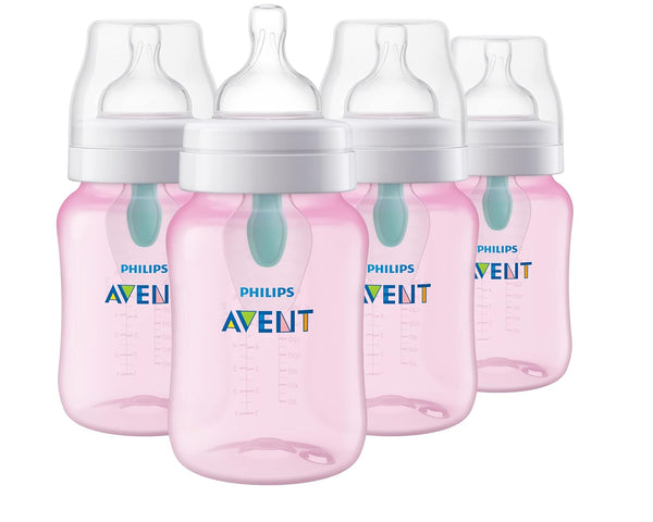 Philips Avent 9oz Anti-Colic Baby Bottle with AirFree Vent, 4pk, Clear, Flow 2 Nipples, 1m+