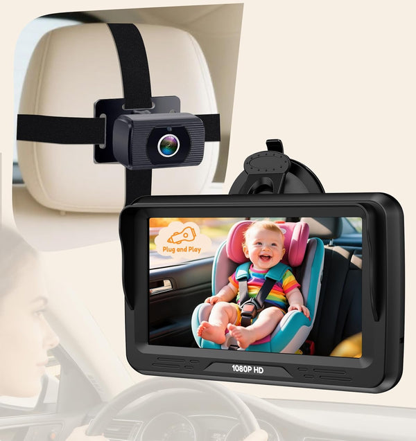 Rohent HD 1080P rear-facing baby car camera with 150° wide-angle lens, night vision, and adjustable display