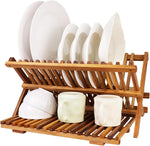 Teak Dish Drainer Rack Collapsible 2 Tier Dish Rack for Kitchen Countertop