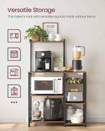 VASAGLE Baker's Rack, Microwave Stand, Kitchen Storage Rack with Wire Basket, 6 Hooks, and Shelves, for Spices, Pots, and Pans, Rustic Brown and Ink Black UKKS35X