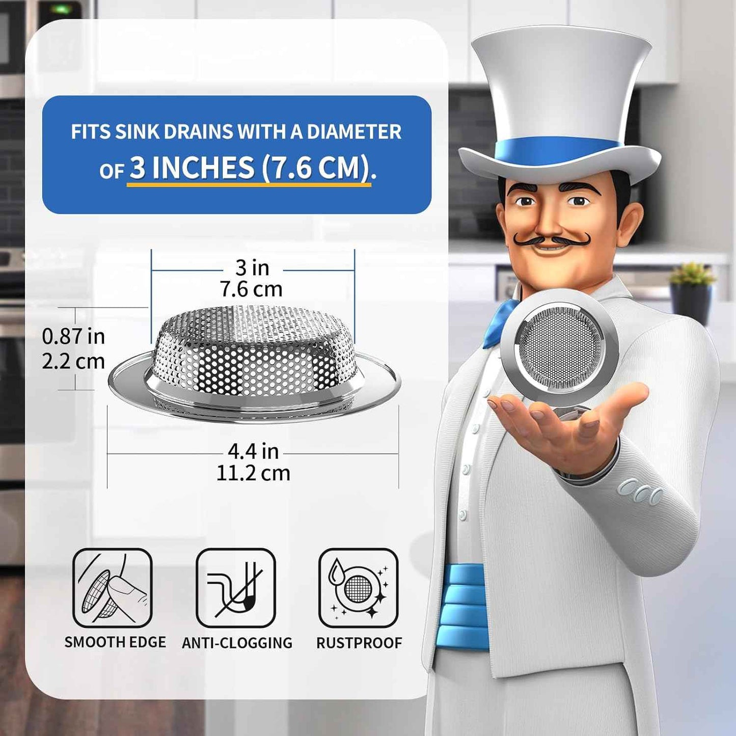 MR.SIGA Kitchen Sink Strainer, Stainless Steel Sink Drain Strainer, Dishwasher Safe, Outer Diameter 4.4 inch/11.2cm, Inner Diameter 3 inch/7.6cm, Pack of 3