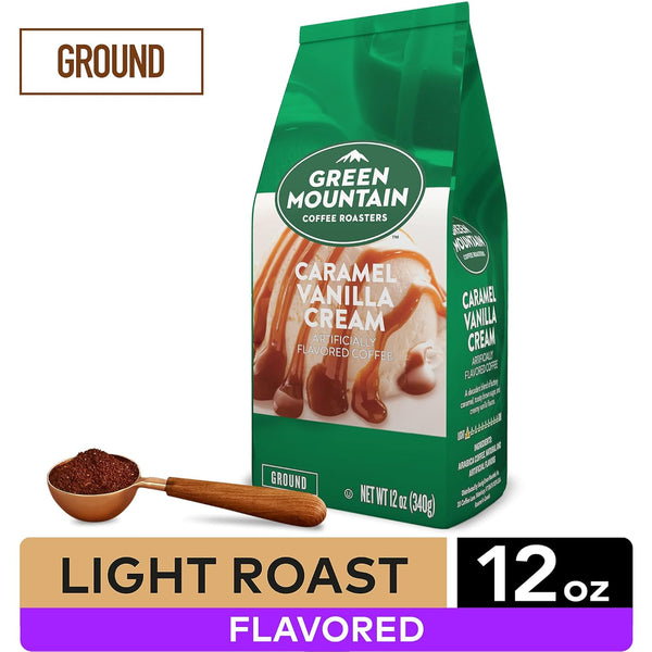 Green Mountain Coffee Roasters Caramel Vanilla Cream Ground Flavored Light Roast Coffee, 12oz Bag