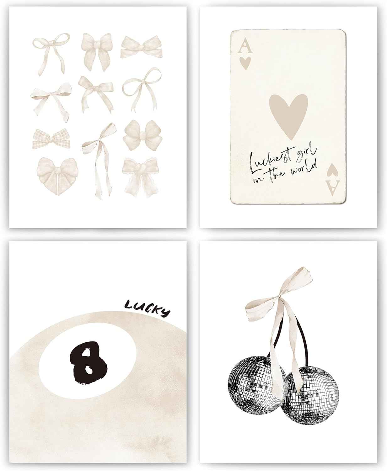 okaxscm Sage Green Coquette Trendy Preppy Wall Art Prints Set of 4, Coquette Preppy Room Decor Aesthetic, Green Bow Disco 8 Ball Cherry Wall Decor Posters for Girls Bedroom Dorm, 8x10 Unframed