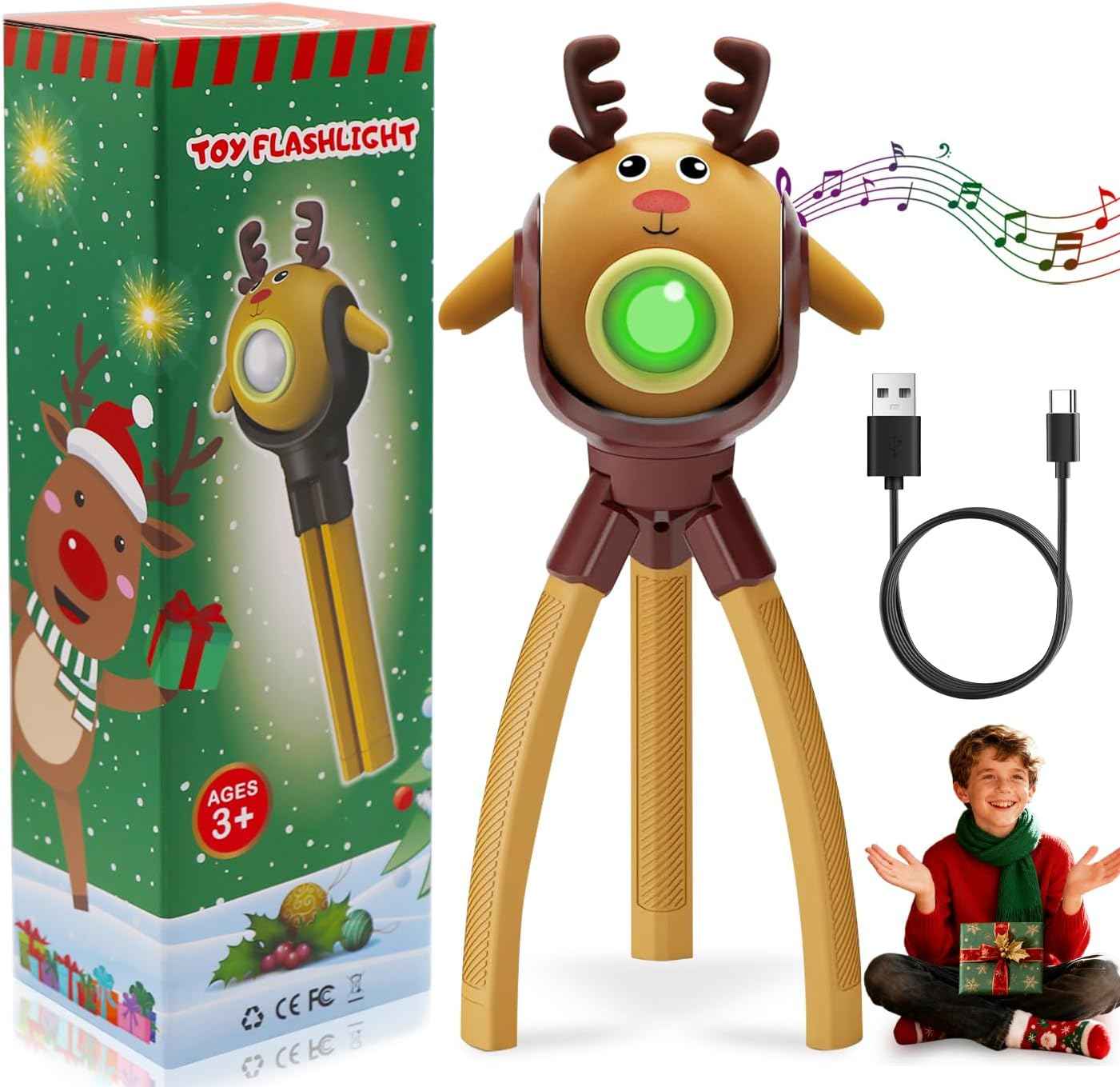 Christmas Kids Flashlight Toy Gifts- Santa, Foldable Octopus Stand, LED with 8 Color Modes & 8 Songs, Gift for Boys/Girls,for Holiday Parties, Camping, Indoor/Outdoor Decor (Santa Claus) (Reindeer)