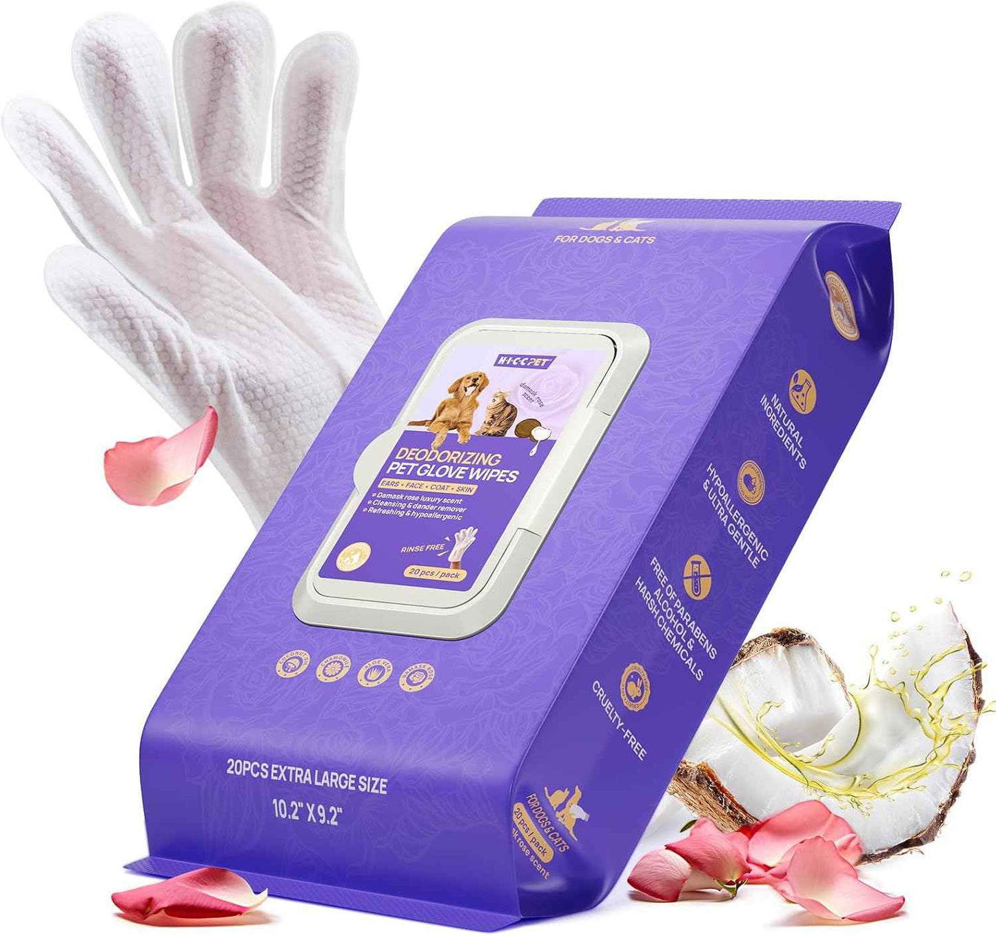 HICC PET Cleaning Deodorizing Glove Wipes for Dogs & Cats, Vet Recommended Hypoallergenic Pet Cleaning and Hydrating Glove Wipes, Nourish Fur Coconut Oil Pet Bathing Wipes for Horse Coat Care