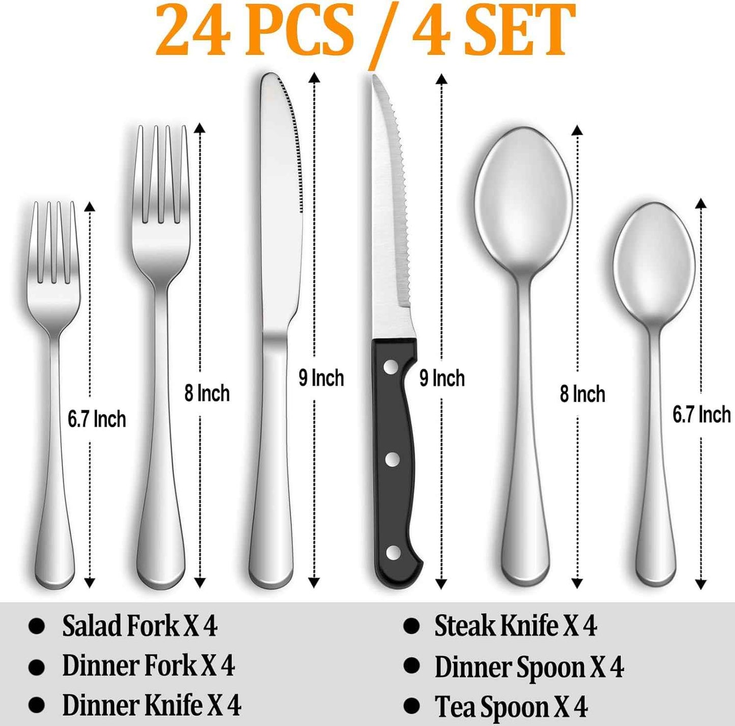 MUTNITT Silverware Set with Steak Knives Service for 4,Stainless Steel Flatware, Mirror Polished Cutlery Utensil Set for Home Kitchen Eating Tableware, Include Fork Knife Spoon, Dishwasher Safe