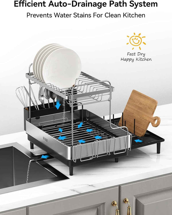 SUNLY 2 Tier Extra Large Dish Drying Rack, Expandable for Kitchen Counter, Multifunctional, Black