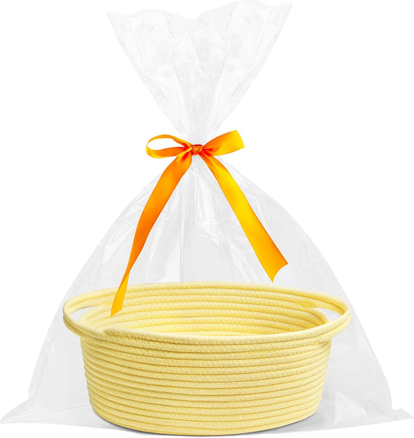 White small woven burr basket with gift bags and ribbons, 12" x 8" x 5", durable storage for gifts, baby toys, and living room essentials