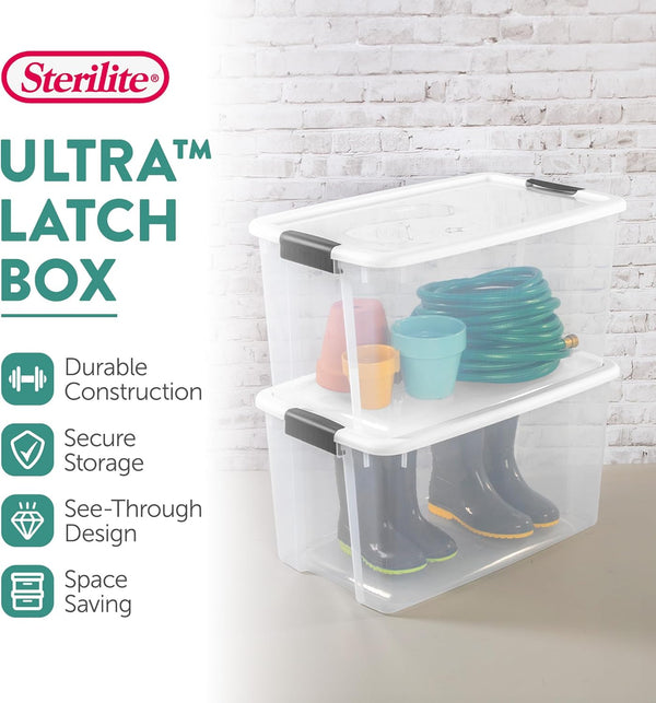 Sterilite 4 Pack Ultra Latching Box Storage Bins with Lids Clear Plastic 70 Quart Heavy Duty Organizing Containers