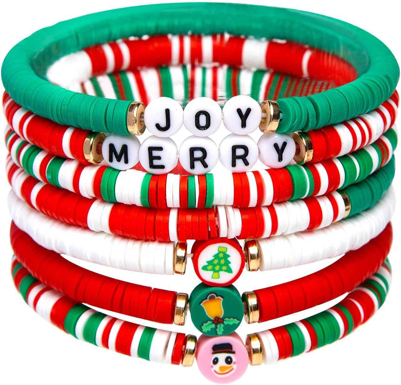 Artlunar 6 Pack Christmas Bracelets: Joy & Merry Candy-Style Stacks for Women & Teens - Perfect Christmas Gifts - Age 3 to Adult
