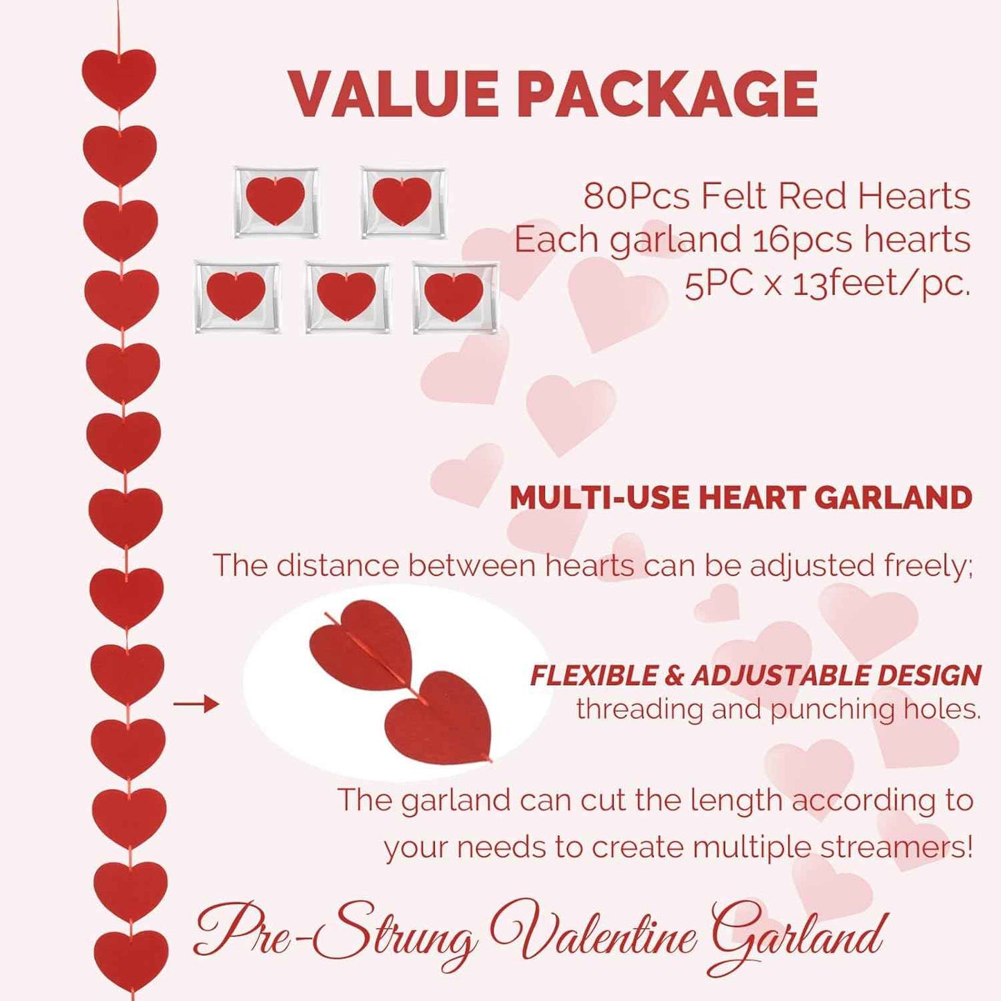 Valentines Day Decorations, 80Pcs Felt Red Heart Valentines Day Garland Banner Hanging for Wall, Party - Pre-Strung Valentines Galentines Wedding Hearts Decorations Streamers Decor