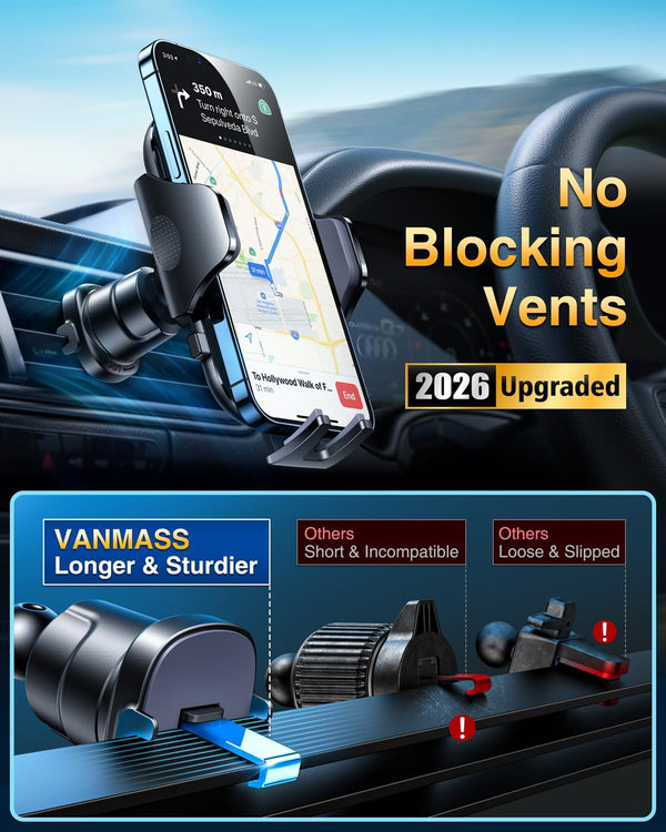 [True Military-Grade] Car Phone Holder VANMASS [Upgraded Strongest Suction&Clip] Cell Phone Mount for Dashboard Windshield Vent Wall,Truck Cradle Stand for iPhone 17 Pro Max 16 15 14 Android,Ink Black
